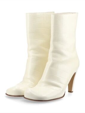 Bottega Veneta Cream Croc-Embossed Mid-Calf Heeled Boots
